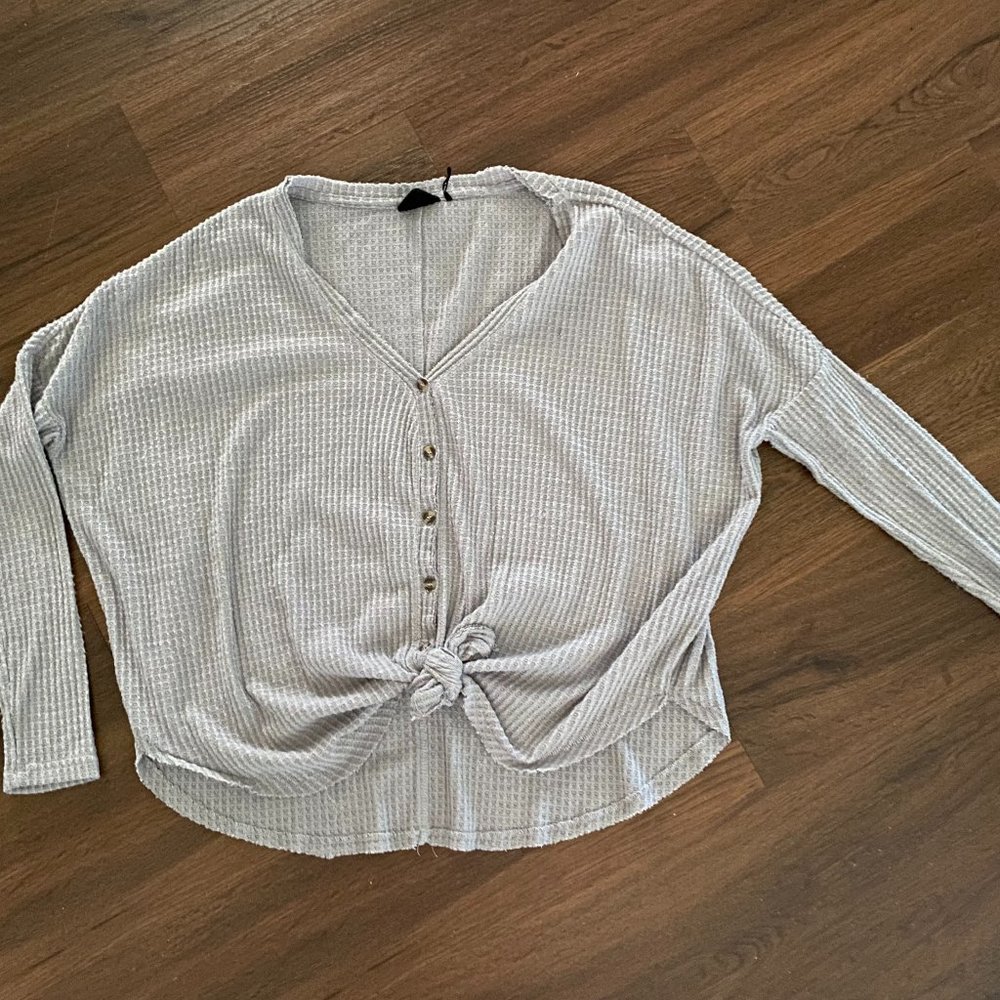 Urban Outfitters Out From Under Tie Front Thermal Waffle Knit Shirt Gray Size S